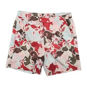Brooks Brothers Mens Swim Trunks L Floral Print Mesh Lined Beach Shorts Red Blue